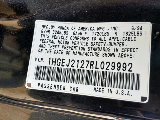 1HGEJ2127RL029992 - 1994 HONDA CIVIC DX BLACK photo 10