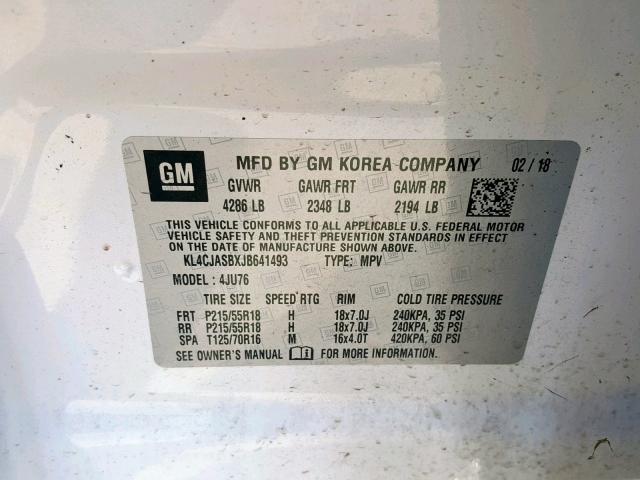 KL4CJASBXJB641493 - 2018 BUICK ENCORE PRE WHITE photo 10