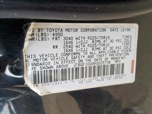 JT6GF10U8X0025736 - 1999 LEXUS RX 300 BLACK photo 10