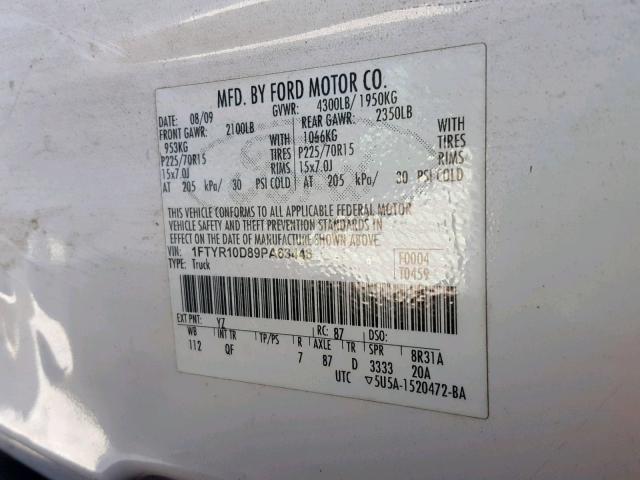 1FTYR10D89PA63448 - 2009 FORD RANGER WHITE photo 10