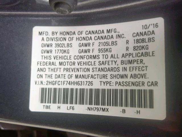 2HGFC1F74HH631726 - 2017 HONDA CIVIC EXL Boz foto 10