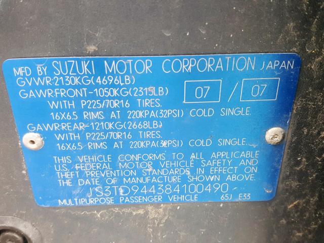 JS3TD944384100490 - 2008 SUZUKI GRAND VITA GRAY photo 10