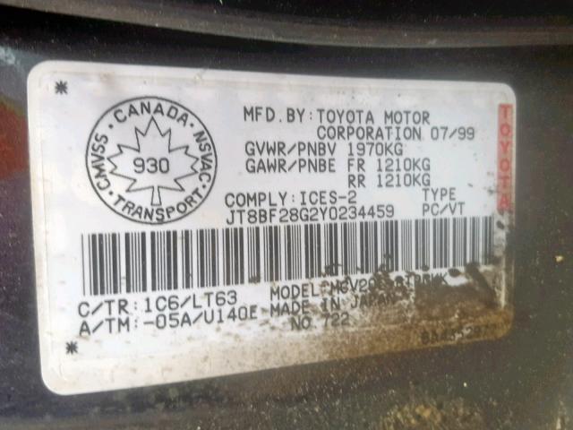 JT8BF28G2Y0234459 - 2000 LEXUS ES 300 GRAY photo 10