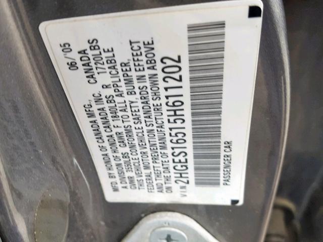 2HGES16515H611202 - 2005 HONDA CIVIC LX GRAY photo 10