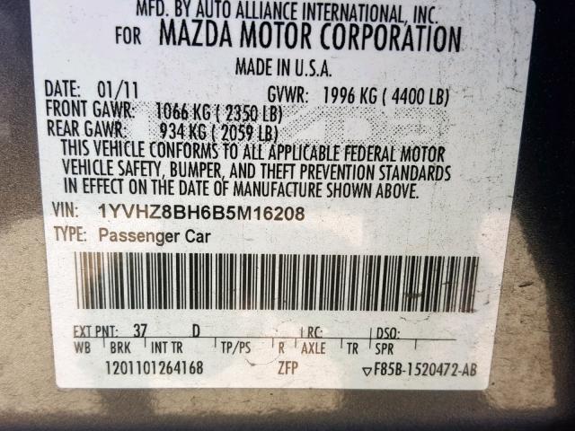 1YVHZ8BH6B5M16208 - 2011 MAZDA 6 I GRAY photo 10