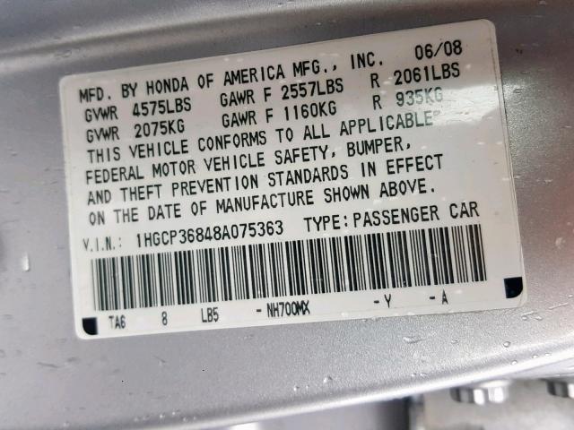 1HGCP36848A075363 - 2008 HONDA ACCORD EXL SILVER photo 10