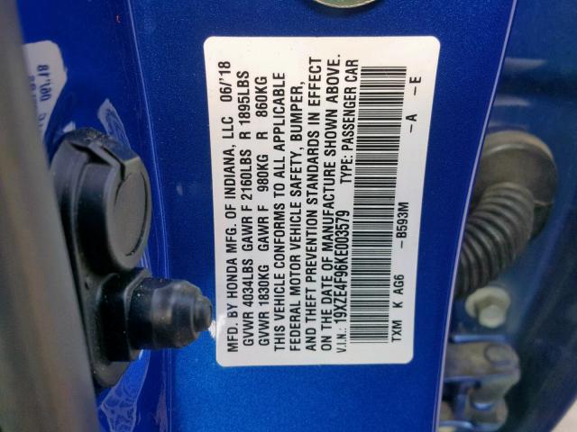 19XZE4F96KE003579 - 2019 HONDA INSIGHT TO BLUE photo 10