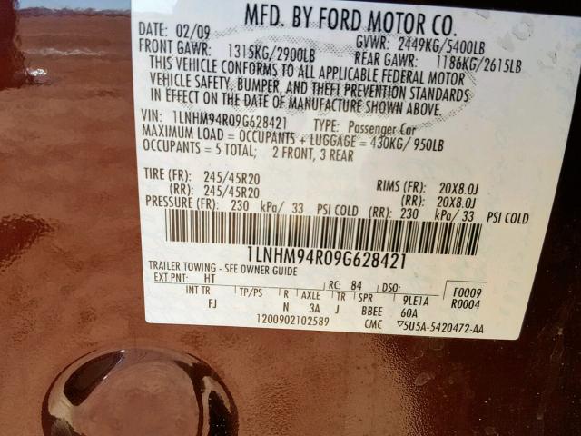 1LNHM94R09G628421 - 2009 LINCOLN MKS MAROON photo 10