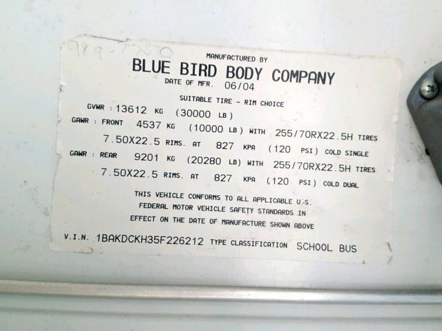 1BAKDCKH35F226212 - 2005 BLUE BIRD SCHOOL BUS YELLOW photo 10