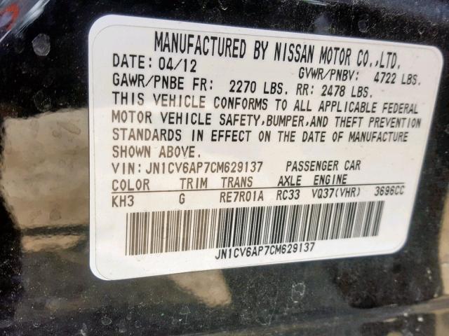 JN1CV6AP7CM629137 - 2012 INFINITI G37 BASE BLACK photo 10