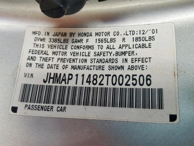 JHMAP11482T002506 - 2002 HONDA S2000 SILVER photo 10