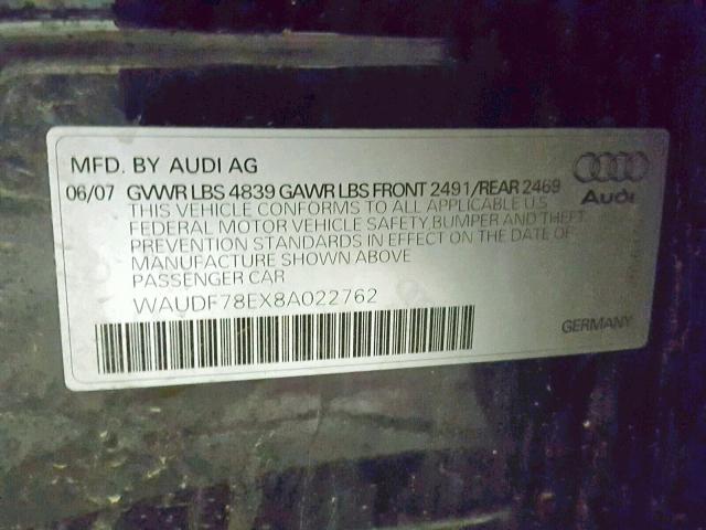 WAUDF78EX8A022762 - 2008 AUDI A4 2.0T QU BLACK photo 10