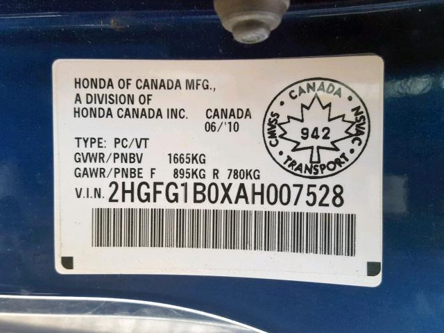 2HGFG1B0XAH007528 - 2010 HONDA CIVIC EXL BLUE photo 10