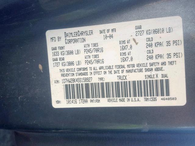 1D7HW28K45S158927 - 2005 DODGE DAKOTA QUA GRAY photo 10