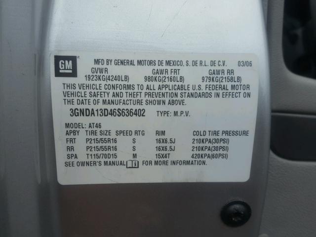 3GNDA13D46S636402 - 2006 CHEVROLET HHR LS Plata foto 10