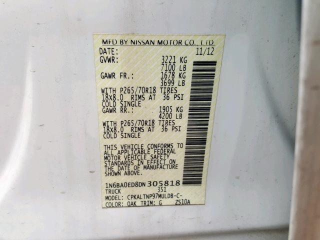 1N6BA0ED8DN305818 - 2013 NISSAN TITAN S WHITE photo 10