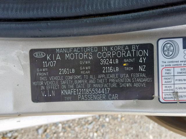 KNAFE121185534417 - 2008 KIA SPECTRA EX GOLD photo 10