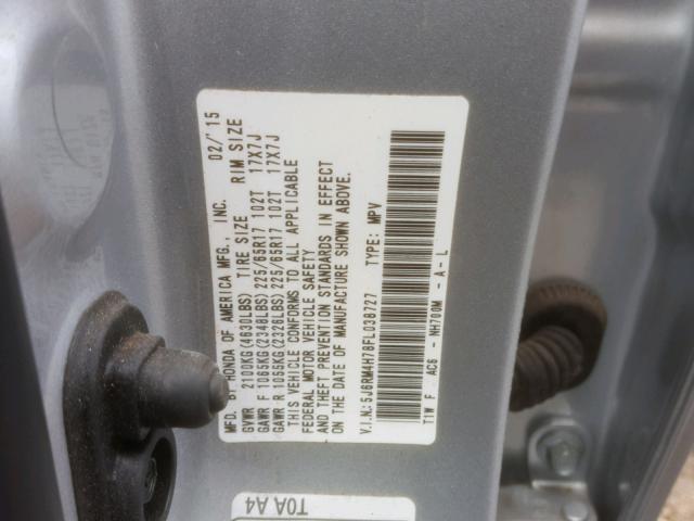 5J6RM4H78FL038727 - 2015 HONDA CR-V EXL SILVER photo 10