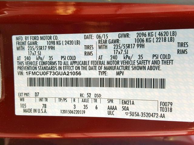 1FMCU0F73GUA21056 - 2016 FORD ESCAPE S RED photo 10