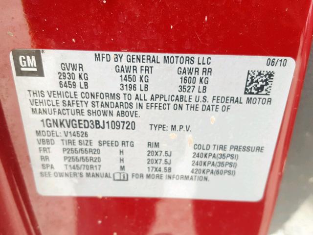 1GNKVGED3BJ109720 - 2011 CHEVROLET TRAVERSE L RED photo 10