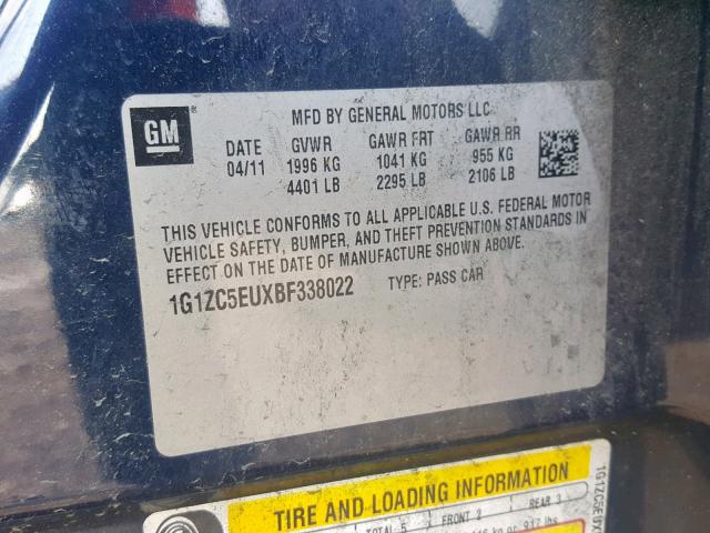 1G1ZC5EUXBF338022 - 2011 CHEVROLET MALIBU 1LT BLUE photo 10