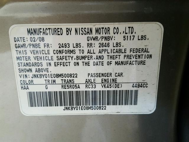 JNKBY01E08M500822 - 2008 INFINITI M45 BASE TAN photo 10