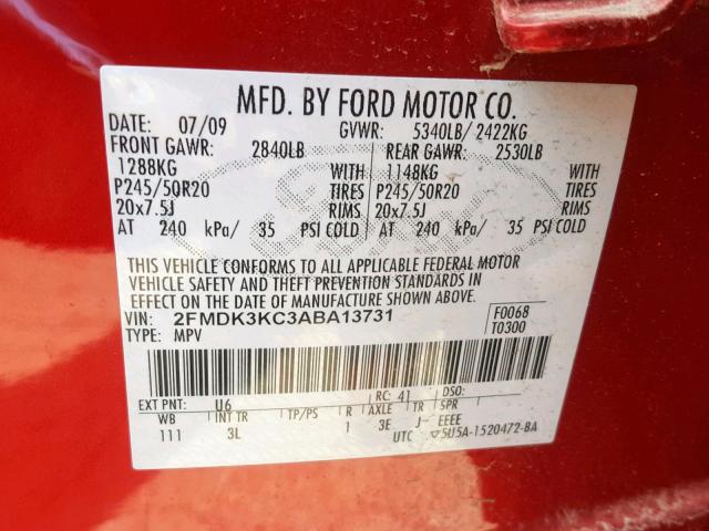 2FMDK3KC3ABA13731 - 2010 FORD EDGE LIMIT RED photo 10