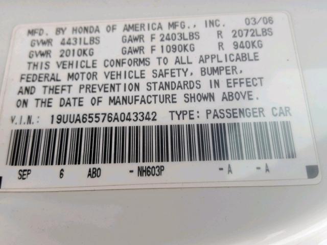 19UUA65576A043342 - 2006 ACURA 3.2TL WHITE photo 10