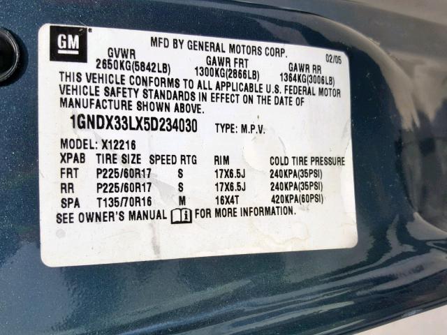 1GNDX33LX5D234030 - 2005 CHEVROLET UPLANDER L BLUE photo 10