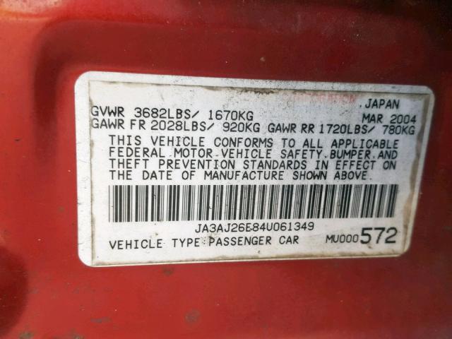 JA3AJ26E84U061349 - 2004 MITSUBISHI LANCER ES RED photo 10