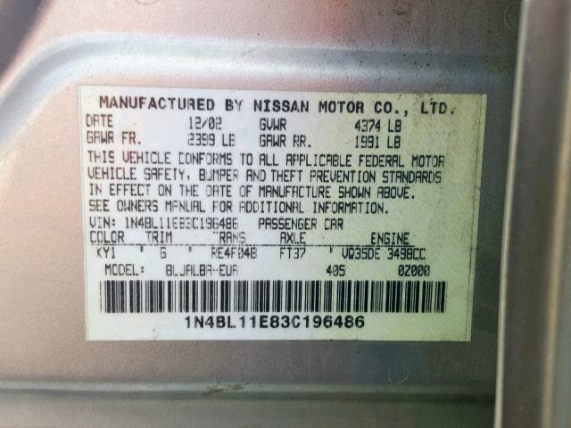 1N4BL11E83C196486 - 2003 NISSAN ALTIMA SE SILVER photo 10