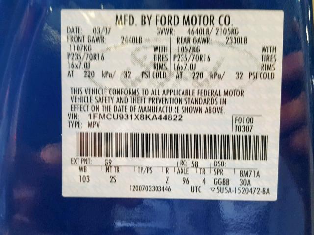 1FMCU931X8KA44822 - 2008 FORD ESCAPE XLT BLUE photo 10