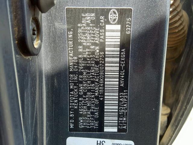 4T1BB46K09U072756 - 2009 TOYOTA CAMRY HYBR CHARCOAL photo 10