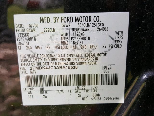 2FMDK4JC9ABA15538 - 2010 FORD EDGE SEL BLACK photo 10