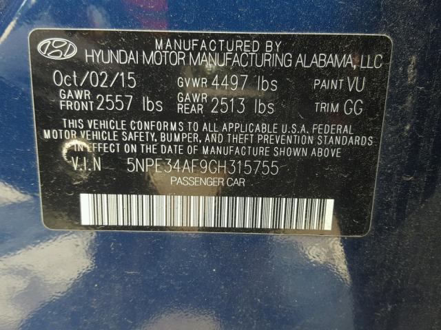 5NPE34AF9GH315755 - 2016 HYUNDAI SONATA SPO BLUE photo 10