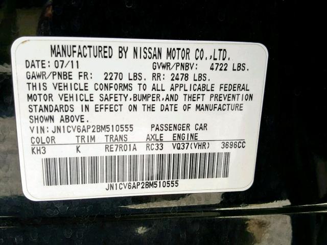 JN1CV6AP2BM510555 - 2011 INFINITI G37 BASE BLACK photo 10