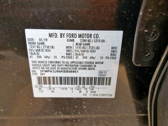 2FMPK3J96KBB68861 - 2019 FORD EDGE SEL GRAY photo 10