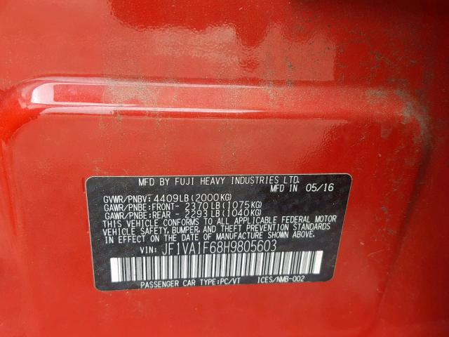 JF1VA1F68H9805603 - 2017 SUBARU WRX PREMIU RED photo 10