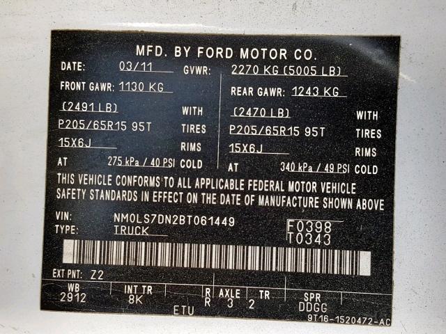 NM0LS7DN2BT061449 - 2011 FORD TRANSIT CO WHITE photo 10