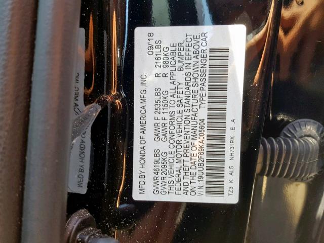 19UUB2F69KA005604 - 2019 ACURA TLX BLACK photo 10