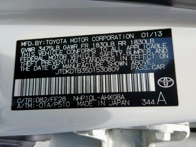 JTDKDTB35D1530809 - 2013 TOYOTA PRIUS C WHITE photo 10