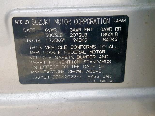 JS2YB413396202277 - 2009 SUZUKI SX4 TECHNO SILVER photo 10