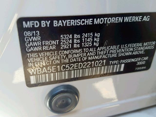 WBA5E1C52ED221021 - 2014 BMW ACTIVEHYBR WHITE photo 10