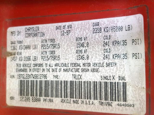 1B7GL22X7WS612706 - 1998 DODGE DAKOTA RED photo 10