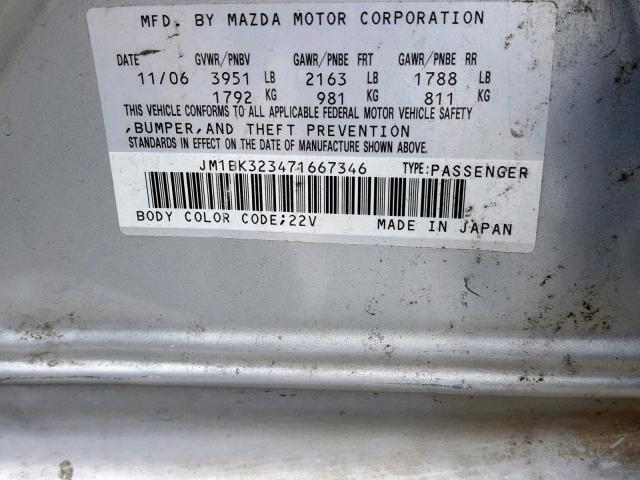 JM1BK323471667346 - 2007 MAZDA 3 S SILVER photo 10