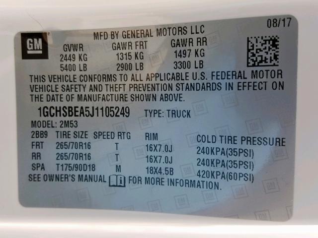 1GCHSBEA5J1105249 - 2018 CHEVROLET COLORADO WHITE photo 10