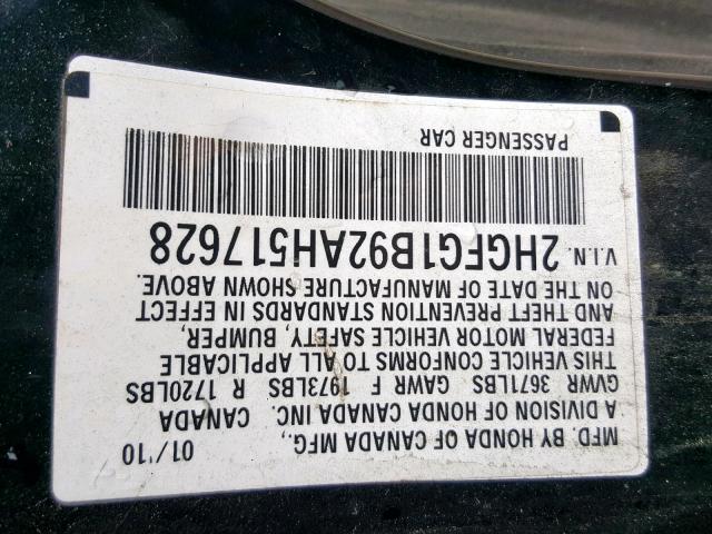 2HGFG1B92AH517628 - 2010 HONDA CIVIC EXL BLACK photo 10