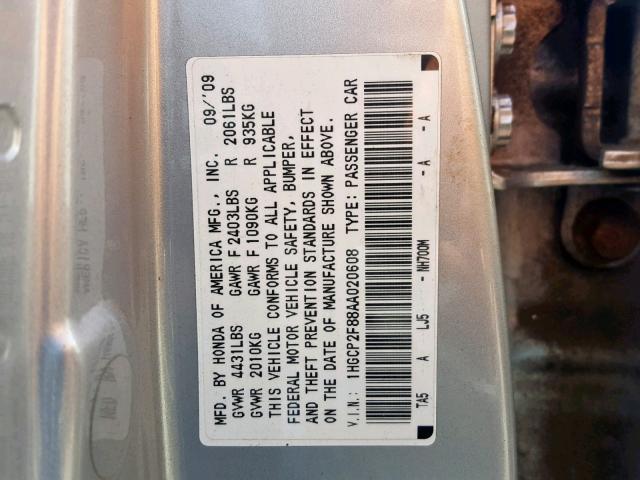 1HGCP2F88AA020608 - 2010 HONDA ACCORD EXL SILVER photo 10