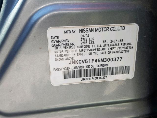 JNKCV51F45M300377 - 2005 INFINITI G35 GRAY photo 10