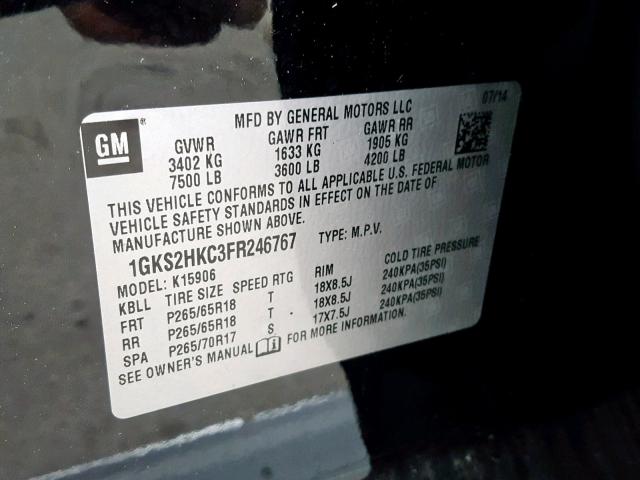 1GKS2HKC3FR246767 - 2015 GMC YUKON XL K BLACK photo 10